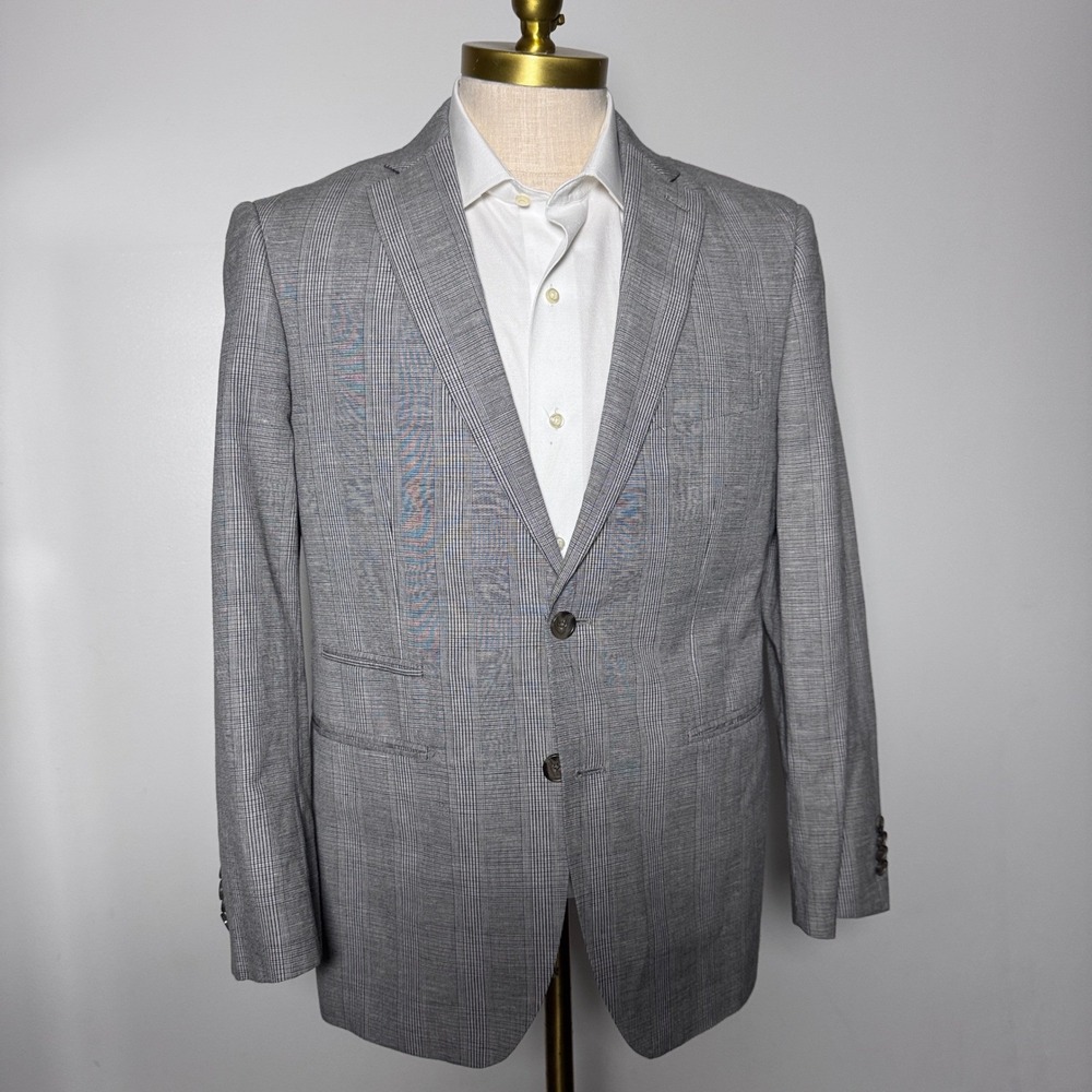 Indochino Mens Gray‎ Glen Plaid Cotton Linen Blazer Sport Coat Jacket 42R Custom